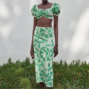 Zara Green Leaf Patterned Midi Skirt